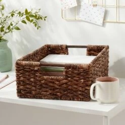 Woven Abaca Folio Bin - Brightroomâ„¢: Handwoven Brown Storage Basket, Rectangle, Lacquered Finish, Ethical Handcraft