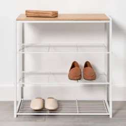 4 Tier Shoe Rack White Metal With Natural Wood - Brightroom™