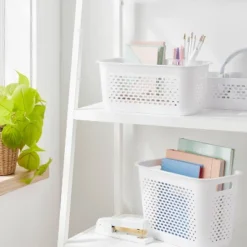 Narrow Medium Decorative Plastic Bin White - Brightroom™: Modern Storage, Cut-Out Handles, 13" Cube Compatible
