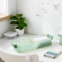 Click In Place 3qt Shallow Slim Plastic Storage Bin For Home And Office Organization Green Tint - Brightroomâ„¢