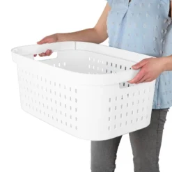 1.5bu Rectangle Modern Laundry Basket - Brightroom™: White Plastic Clothes Basket With Built-In Handles, Medium Size -Brightroom GUEST d6606117 ec93 434a 98af c3a1505ebe2b
